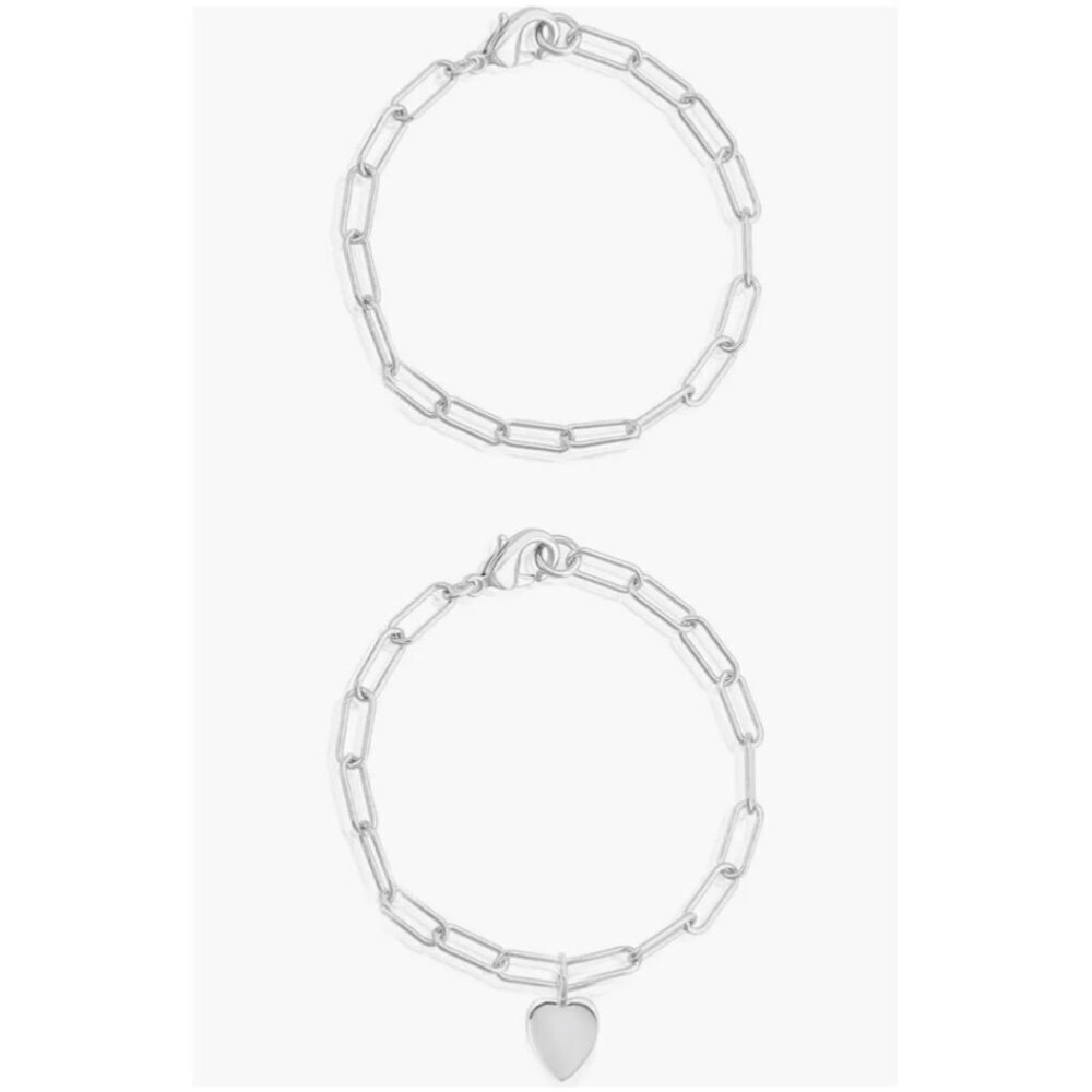 NEW Adornia Paperclip Chain Heart Charm Bracelet Set